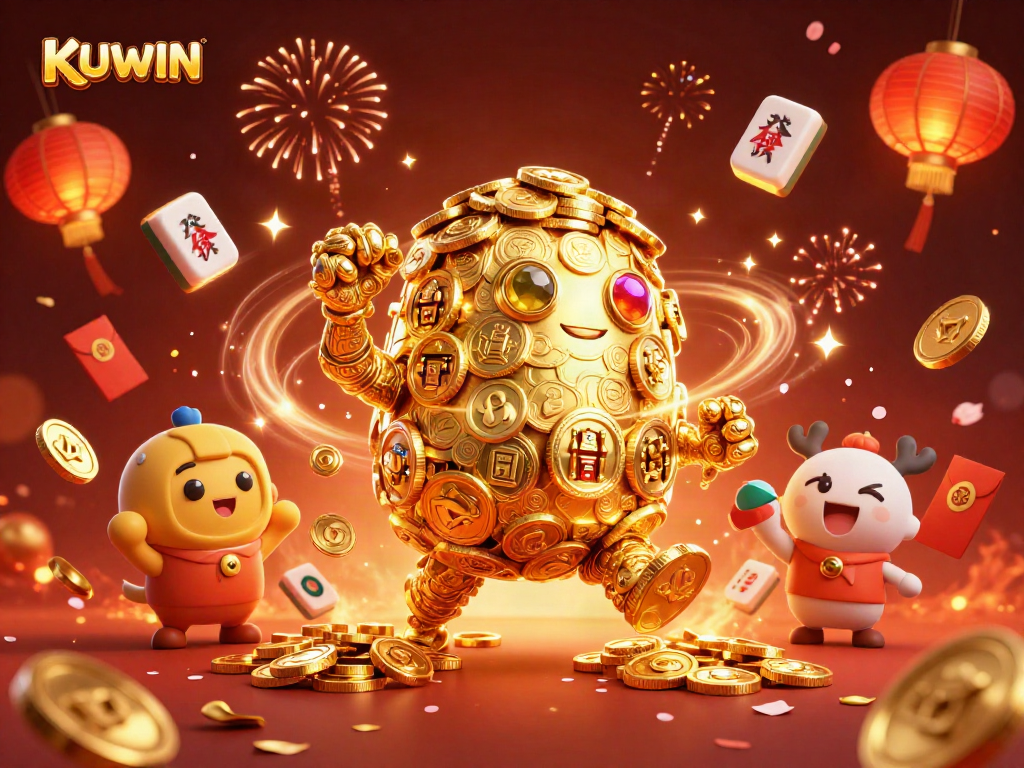 Spin to win with KUWIN and the animated golden golem in an exciting casino scene.