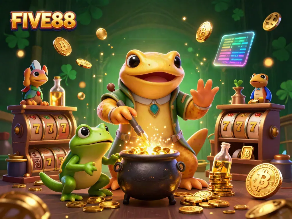 Experience dynamic gaming at FIVE88 with golden alchemist and casino elements in a vibrant illustration.