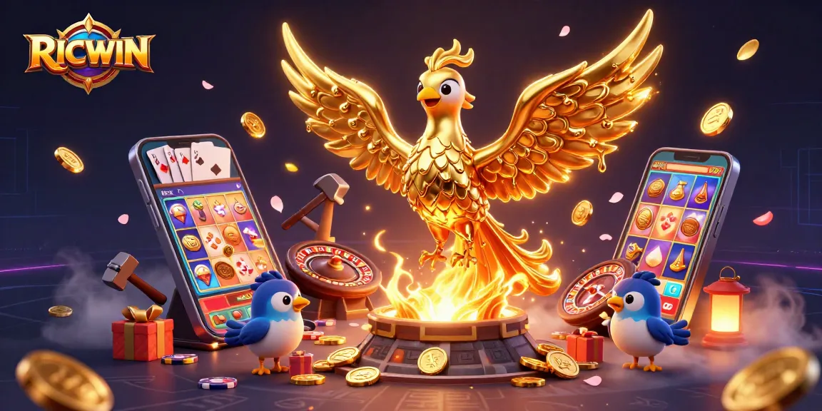 Boost your RICWIN slots win with a vibrant scene of a phoenix emerging from a magical forge.