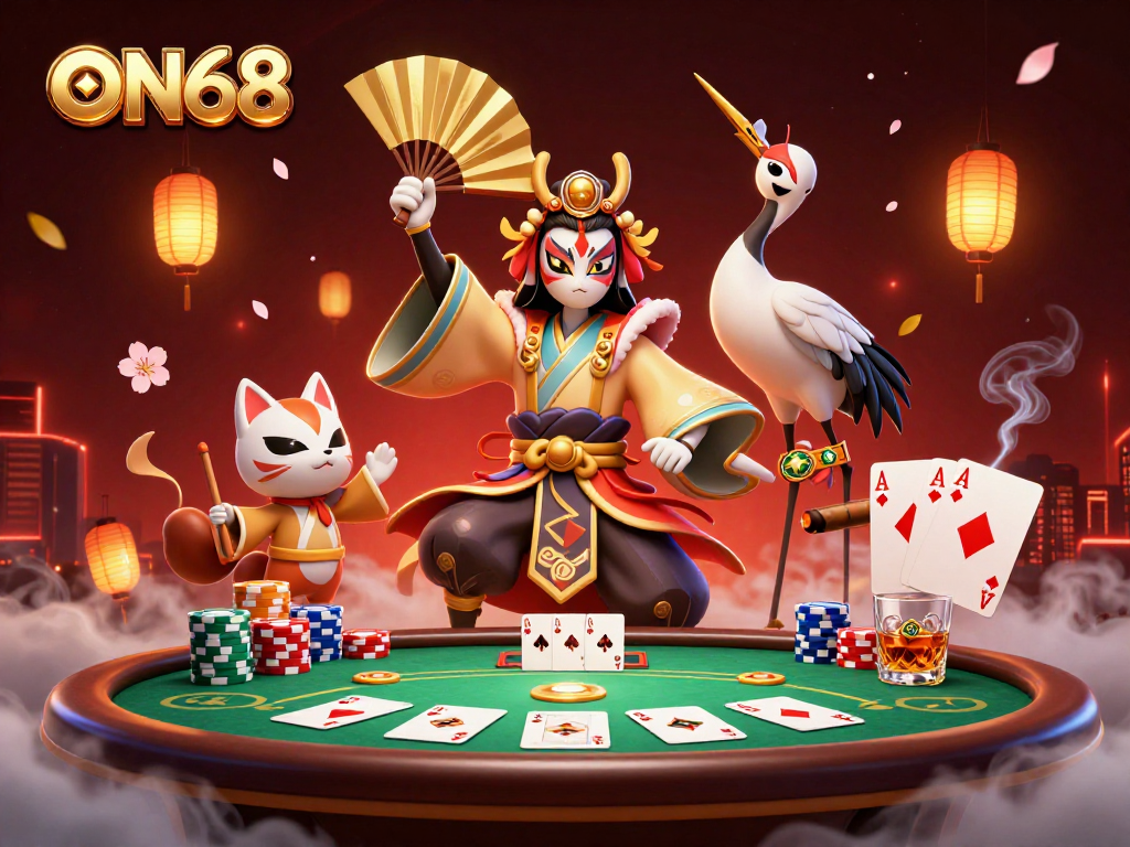 Experience thrilling gameplay at ON68 with an enchanting 3D casino-style illustration showcasing dynamic characters and vibrant poker elements.