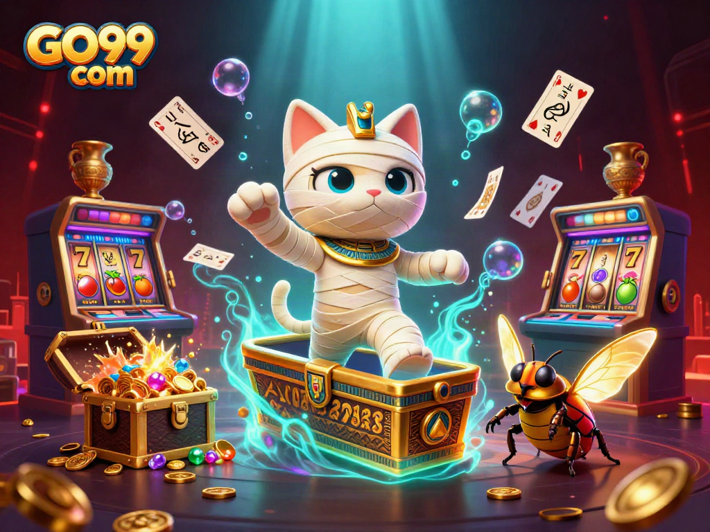 Engage with exciting gameplay at GO99 com, featuring a rich 3D scene with Egyptian themes and slot elements.
