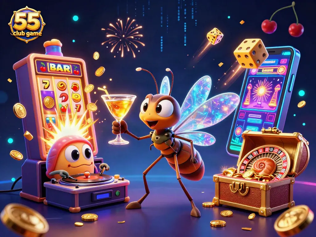 Engage with 55 club game in an ultra-detailed vibrant casino scene, showcasing dynamic characters and exciting elements.