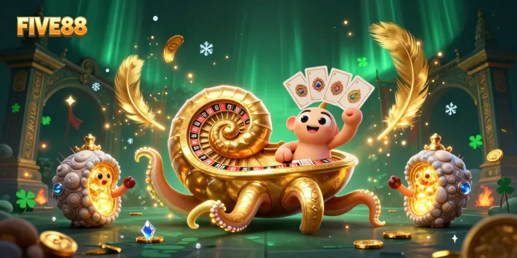 Engaging action at FIVE88 with a giant nautilus as a roulette wheel, surrounded by golden details.