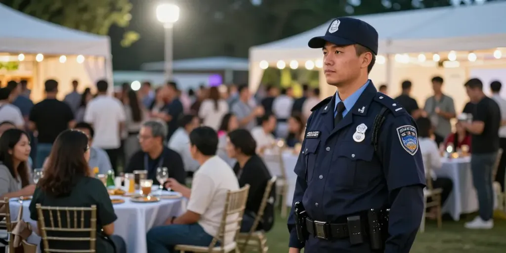 Security Guard monitoring a community event, ensuring safety and professionalism.