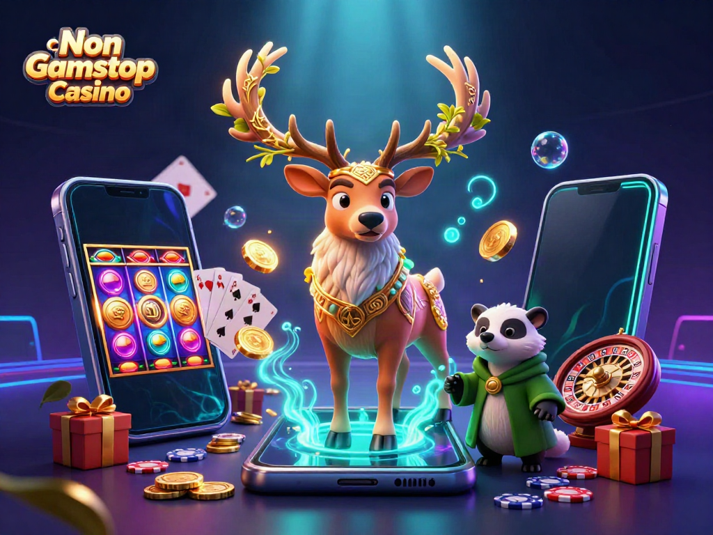 Engaging scene from a Non Gamstop Casino showcasing a druid stag amidst vibrant gaming elements.
