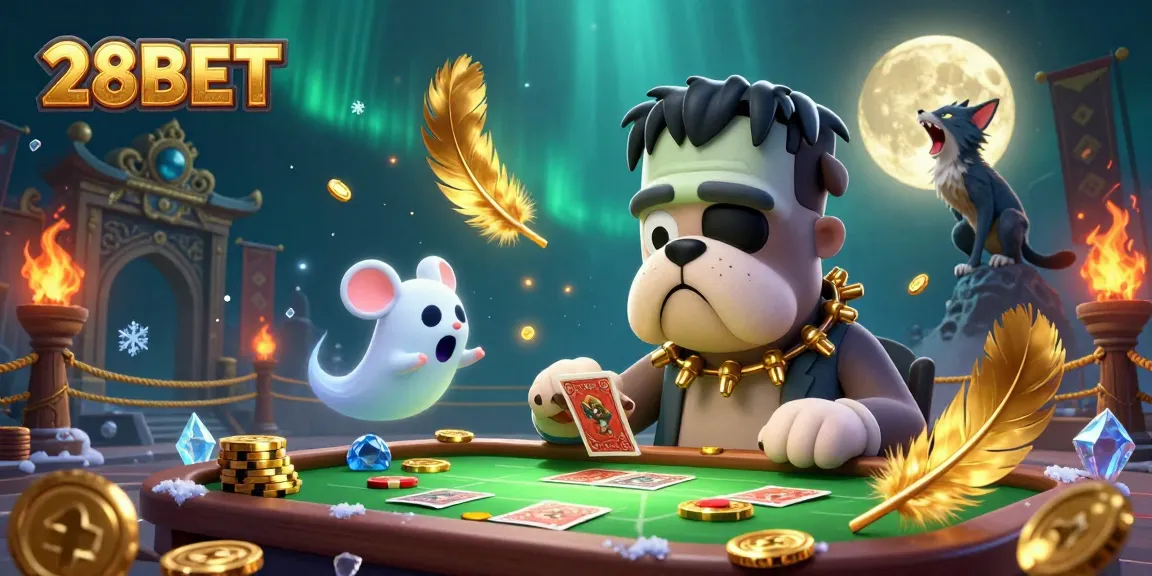 Engage with 28BET at a spooky casino table featuring a cartoon bulldog dealer and ghost mouse.
