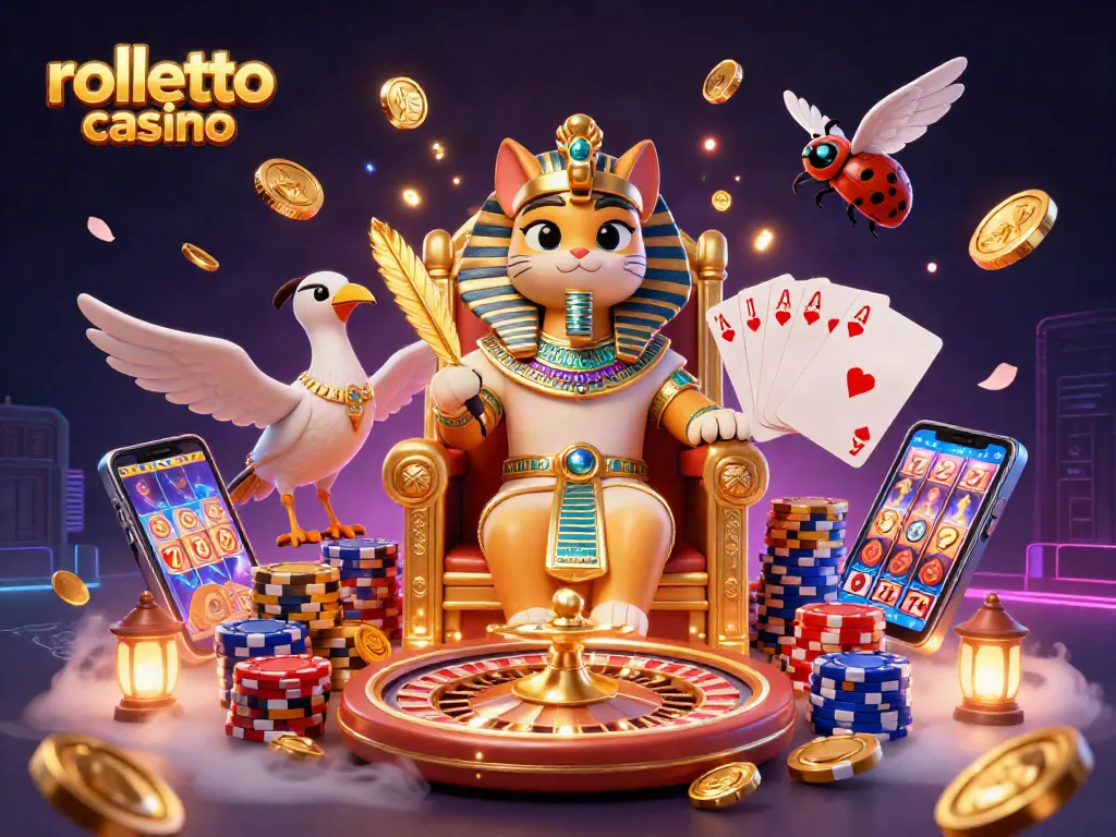 Experience rolletto casino's vibrant gaming atmosphere with cascading coins, interactive slot reels, and classic roulette elements.