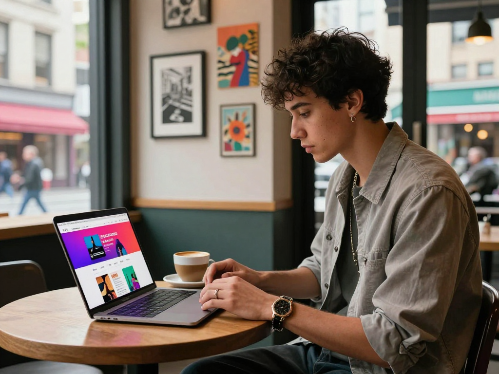 Individual reviewing nsfw content on a laptop in a vibrant urban café setting.