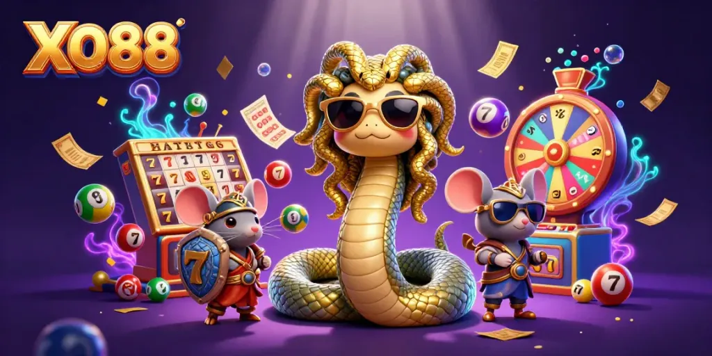 Engage in thrilling campaigns with XO88's charming game characters amidst colorful lottery elements.